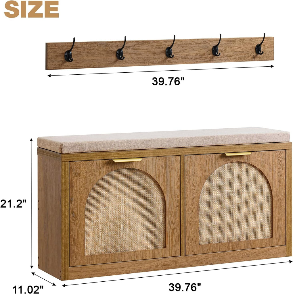 Rattan Narrow Entryway Bench with Shoe Storage, 2 Flip Drawers & Coat Rack, Mid-Century Modern Wood Shoe Cabinet with