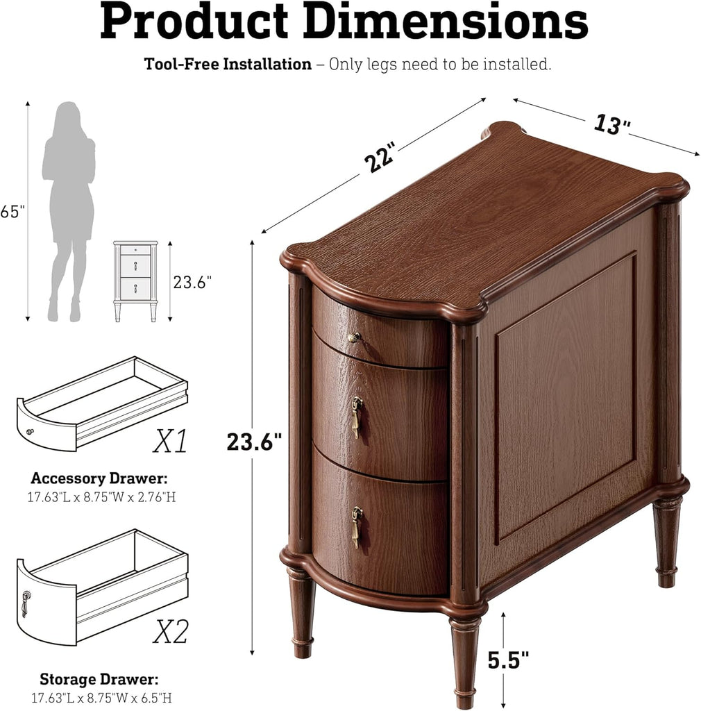 Nightstand w/Charging Station & 3 Drawers, Pre-Assembled, Vintage Side Table w/Antique-Finished Pulls, Rustic Wood