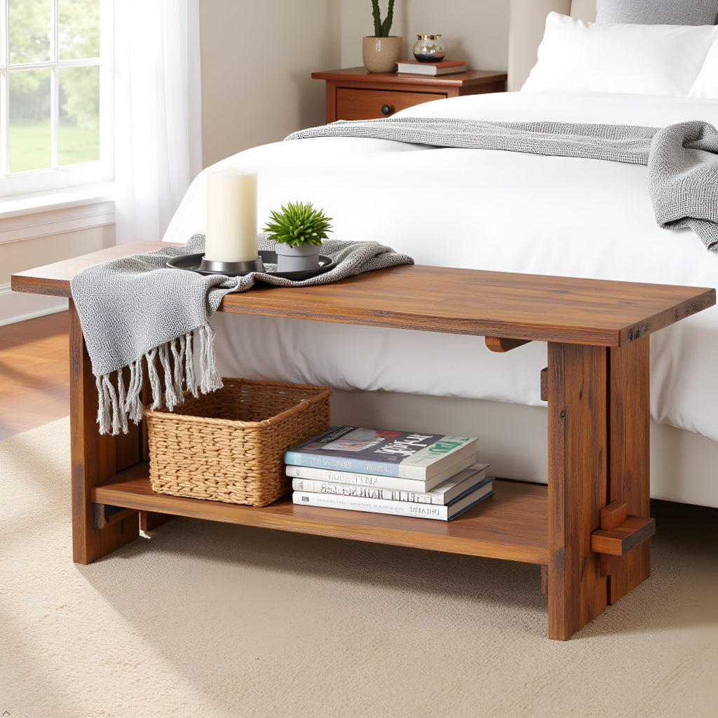 Bethel Rustic Solid Wood Entryway Bench with Shelf, Natural