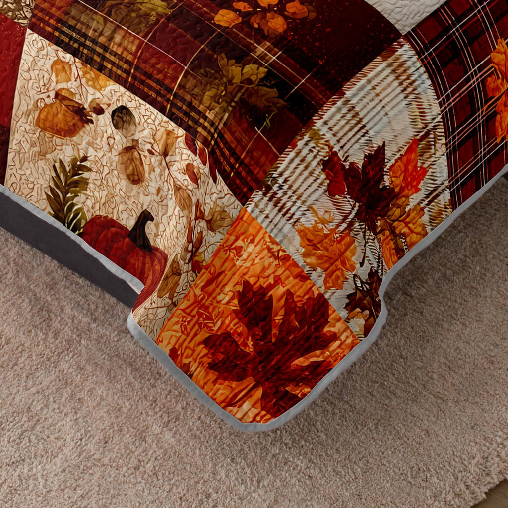 Pumpkin Maple Leaves Plaid Patchwork Quilt with 2 Pillowcases.
