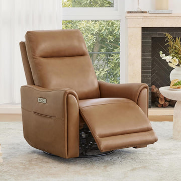 Genuine Leather Power Recliner Chairs for Adults, Swivel Glider Recliner Chair with Charging Ports, Saddle