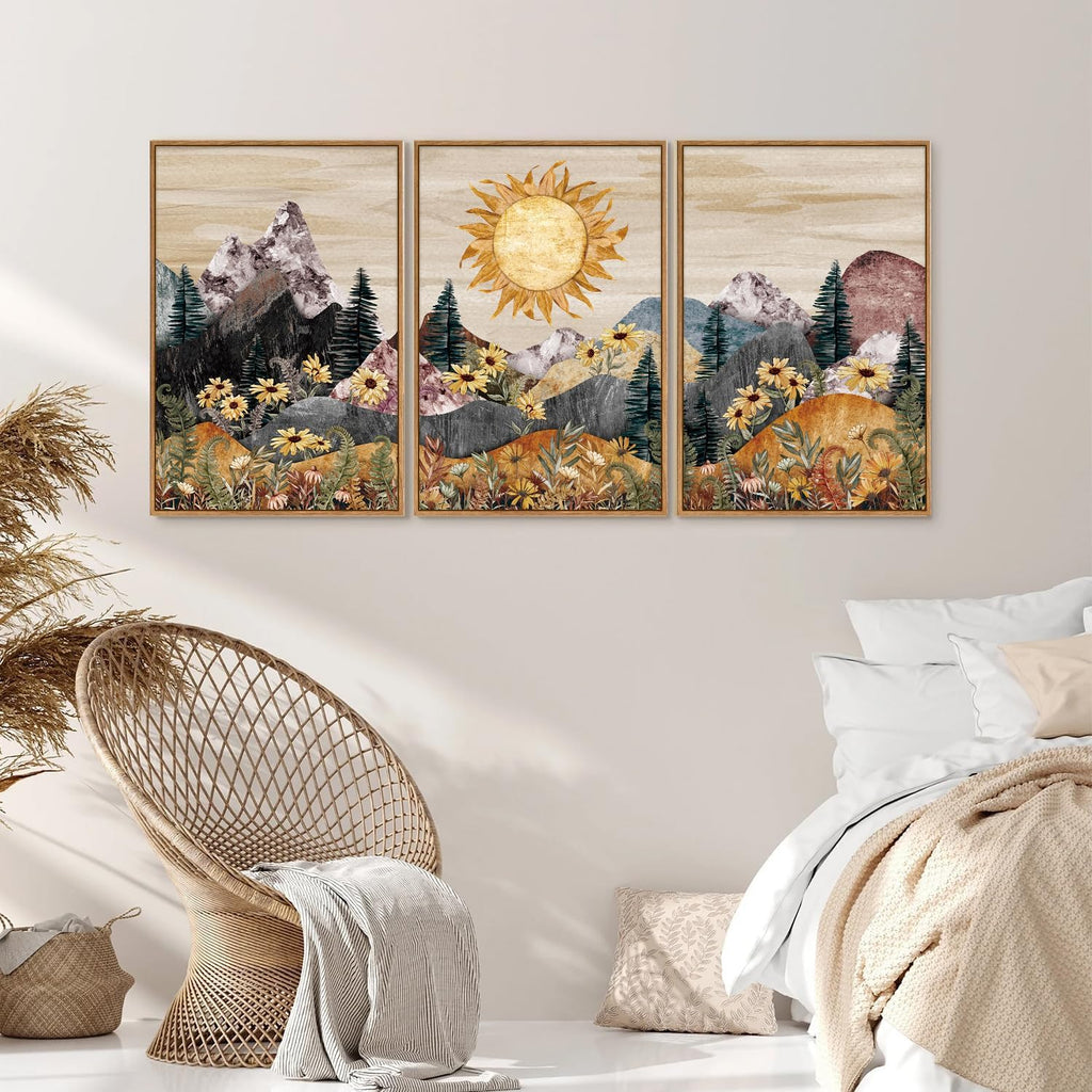 Boho Mountain Framed Canvas Wall Art, Western Daisy Floral Landscape Wall Decor, Rustic Fern Flowers Art Painting