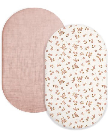 Muslin Bassinet Sheets 2 Pack, 33" x 17", (Floral & Pink)