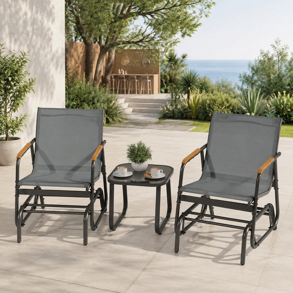 3 Piece Patio Glider Set, Textilene Gliders Outdoor Furniture Grey | Heavy-duty Patio Glider Set w/Breathable Fabric