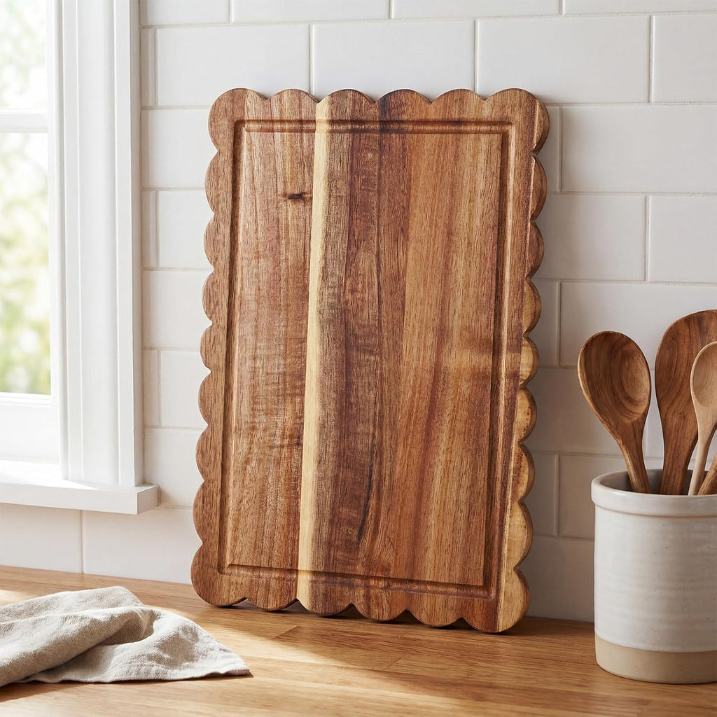 6 Pcs Acacia Wood Scalloped Charcuterie Trays Gift Set 12 x 8 Inch Wooden Serving Tray Cutting Board Bulk for Bread