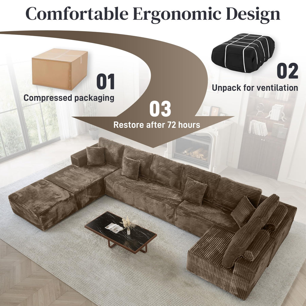 177" U-Shaped Boneless Cloud Modular Sectional Sofa, Brown