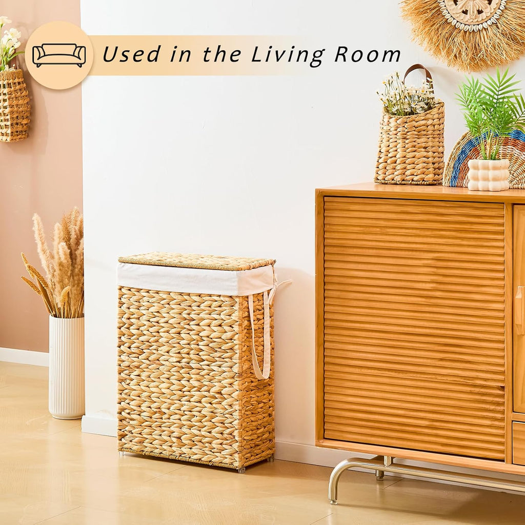 Handwoven Slim Laundry Hamper with Lid, Narrow Wicker Laundry Basket, Natural Water Hyacinth Basket and Handleswith
