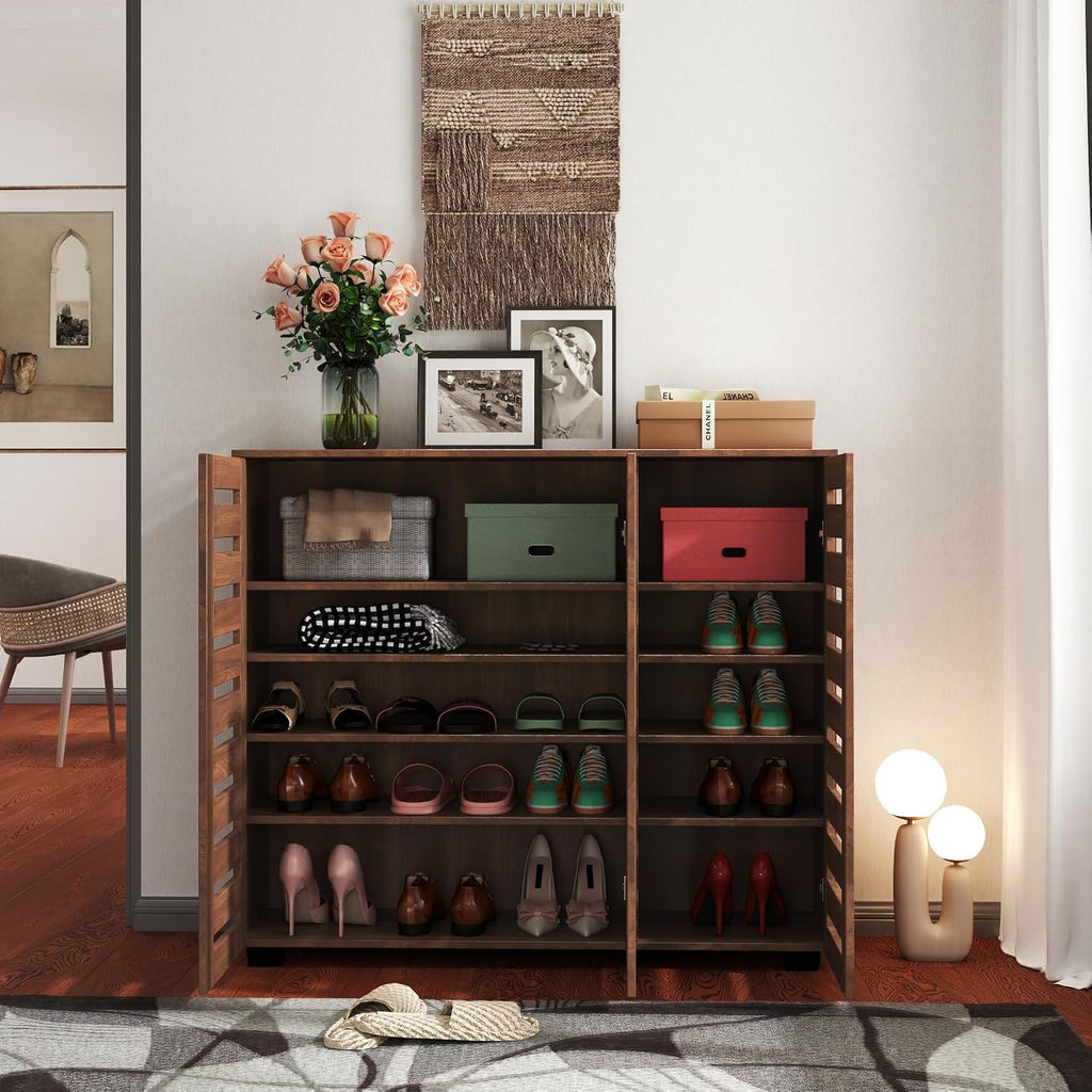 Narrow Shoe Storage Cabinet with Doors & Adjustable Shelf , 5-Tier Freestanding Slim Shoe Organizer Rack Shoe Cabinet