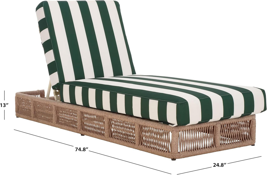 Outdoor Chaise Lounge Chair - Heather Tan & Hunter Green Stripe - Steel and Woven Rope - Adjustable