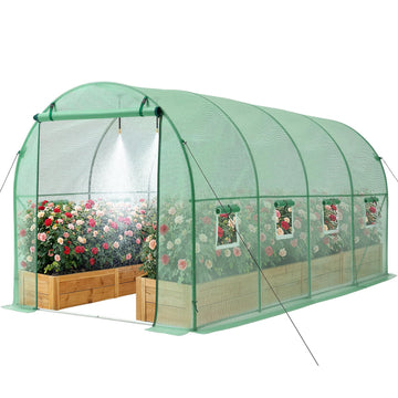 Walk-in Tunnel Greenhouse, 15 x 7 x 7 ft Hoop House Greenhouse Tunnel with Watering System, Plant Hot House with