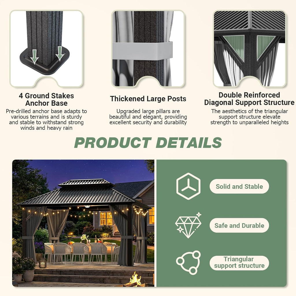 10'x12' Outdoor Aluminum Gazebo Grey | Hardtop Pergola with Galvanized Steel Double Roof, Curtain and Netting