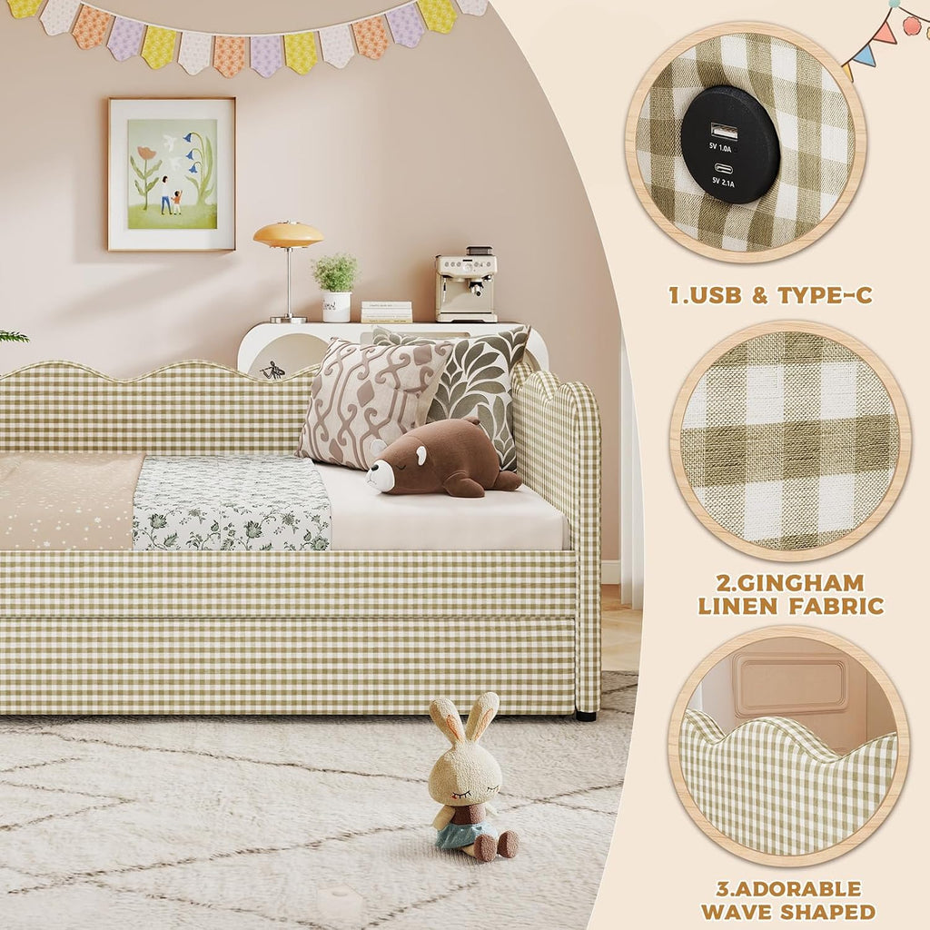 Twin Size Daybed with Pop Up Trundle, Twin to King Gingham Daybed with USB, Upholstery Adorable Wave Shaped Linen