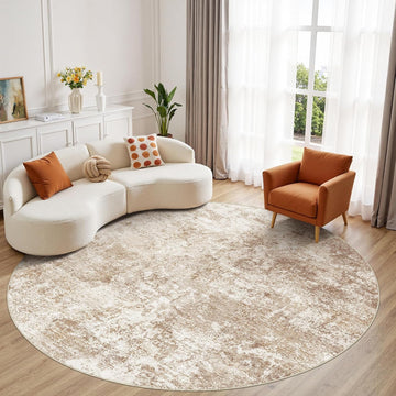 8ft Round Area Rug - 8X8 Abstract Washable Large Soft Foldable Non Slip Rug Neutral Modern Low Pile 