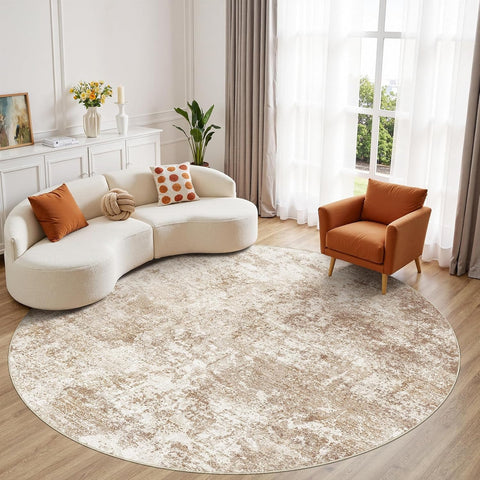 8ft Round Area Rug - 8X8 Abstract Washable Large Soft Foldable Non Slip Rug Neutral Modern Low Pile 