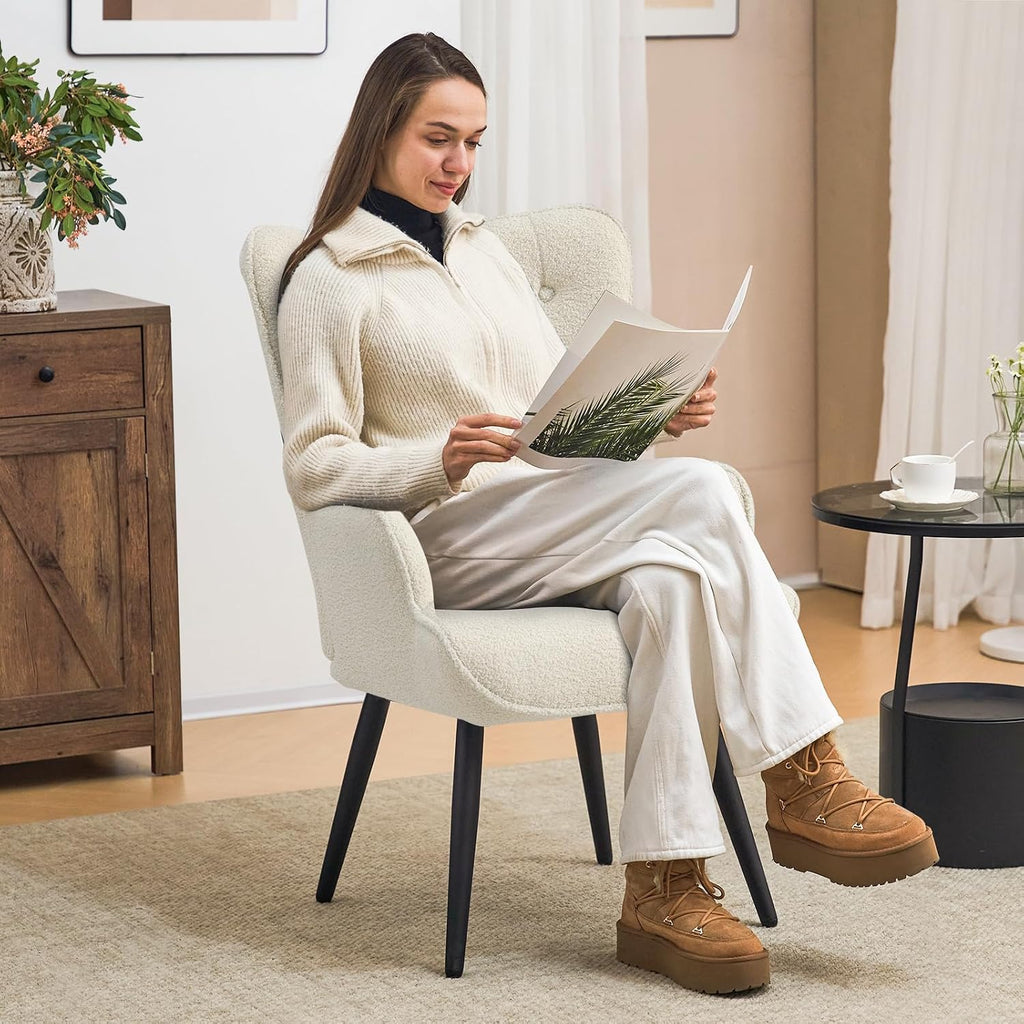 Boucle Accent Chair , Upholstered Reading Chair with High Backrest, Tufted-Button Wingback Armchair , Dressing Room