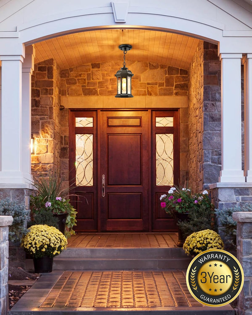 Outdoor Pendant Lights for Porch Lantern, Black Exterior Hanging Lights Fixtures with Adjustable Chain