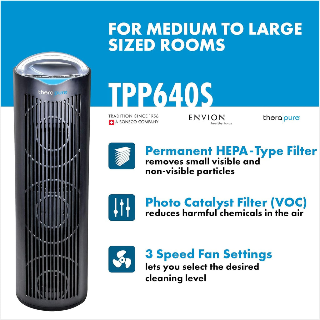 Therapure TPP640 Air Purifier Tower with Air Sensor, Handle, and Remote Control (Black)