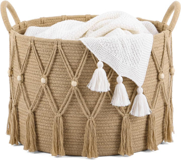 Boho Blanket Basket Laundry, 20 x 13",Beige | Woven Design, Large Decorative Basket with Bead Tassels Handles, for