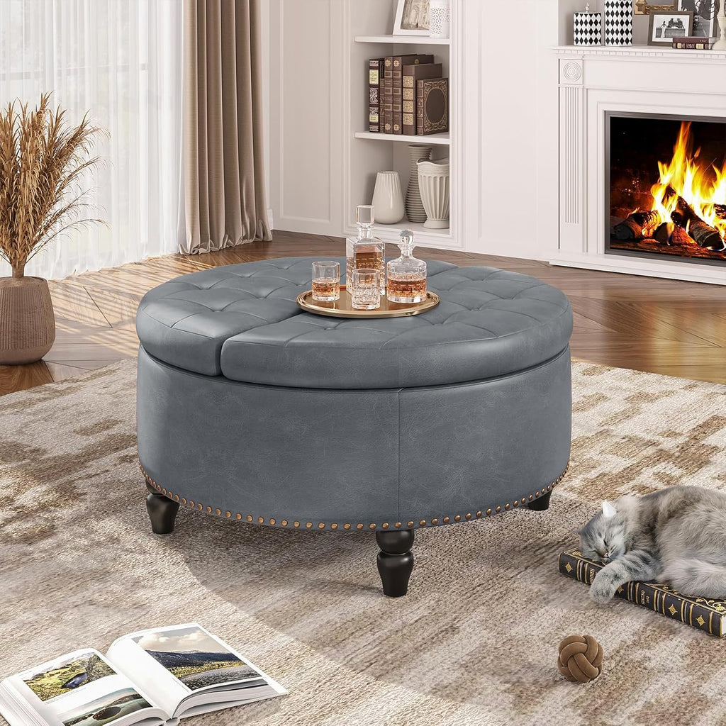 30 Inch Large Round Ottoman with Storage Circular,Gray Grey | Leather Coffee Table with Lift Top,Modern Upholstered