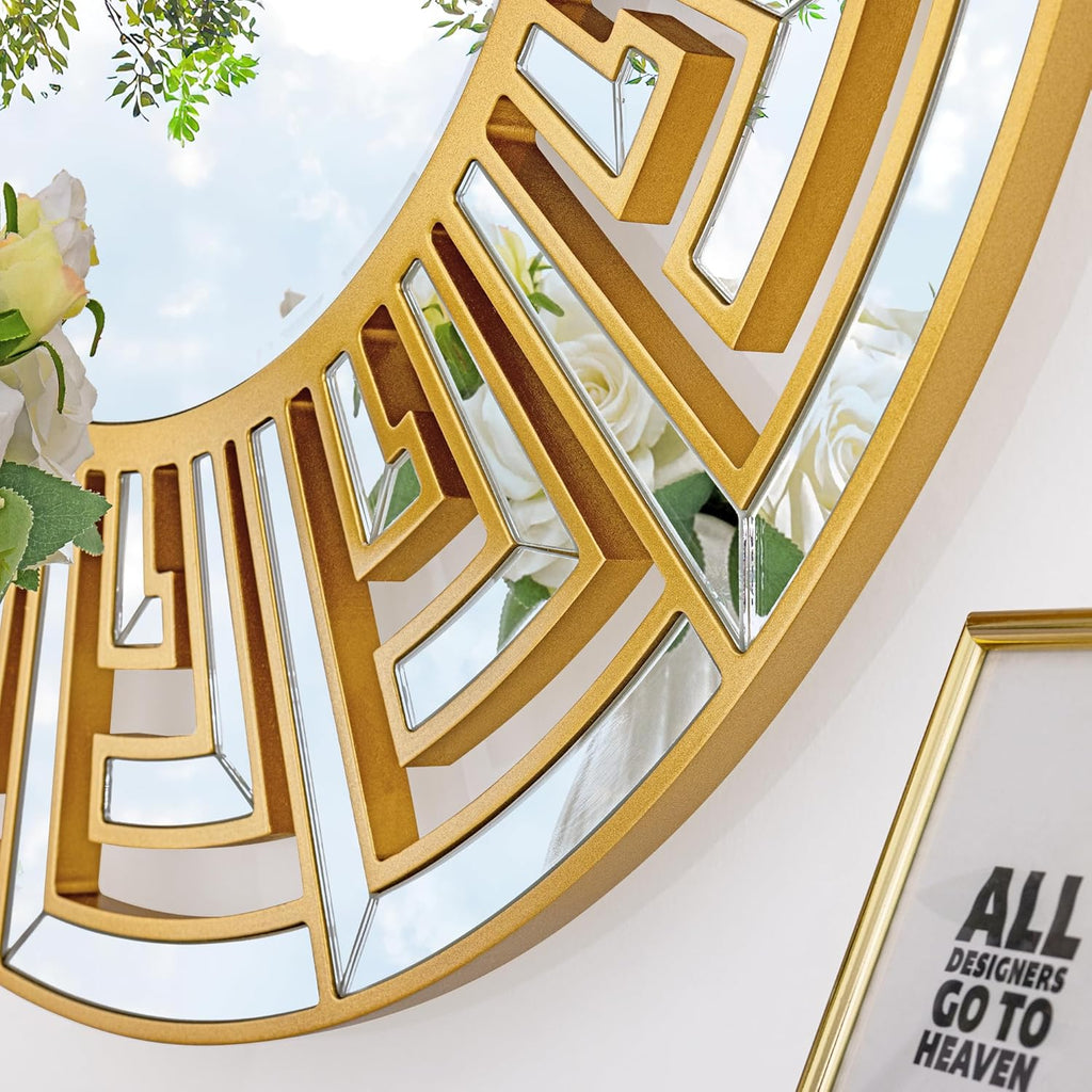 31.5"x31.5" Gold Round Mirror with Decorative Geometric Pattern, Accent Wall Mounted Mirror for Modern Living Room