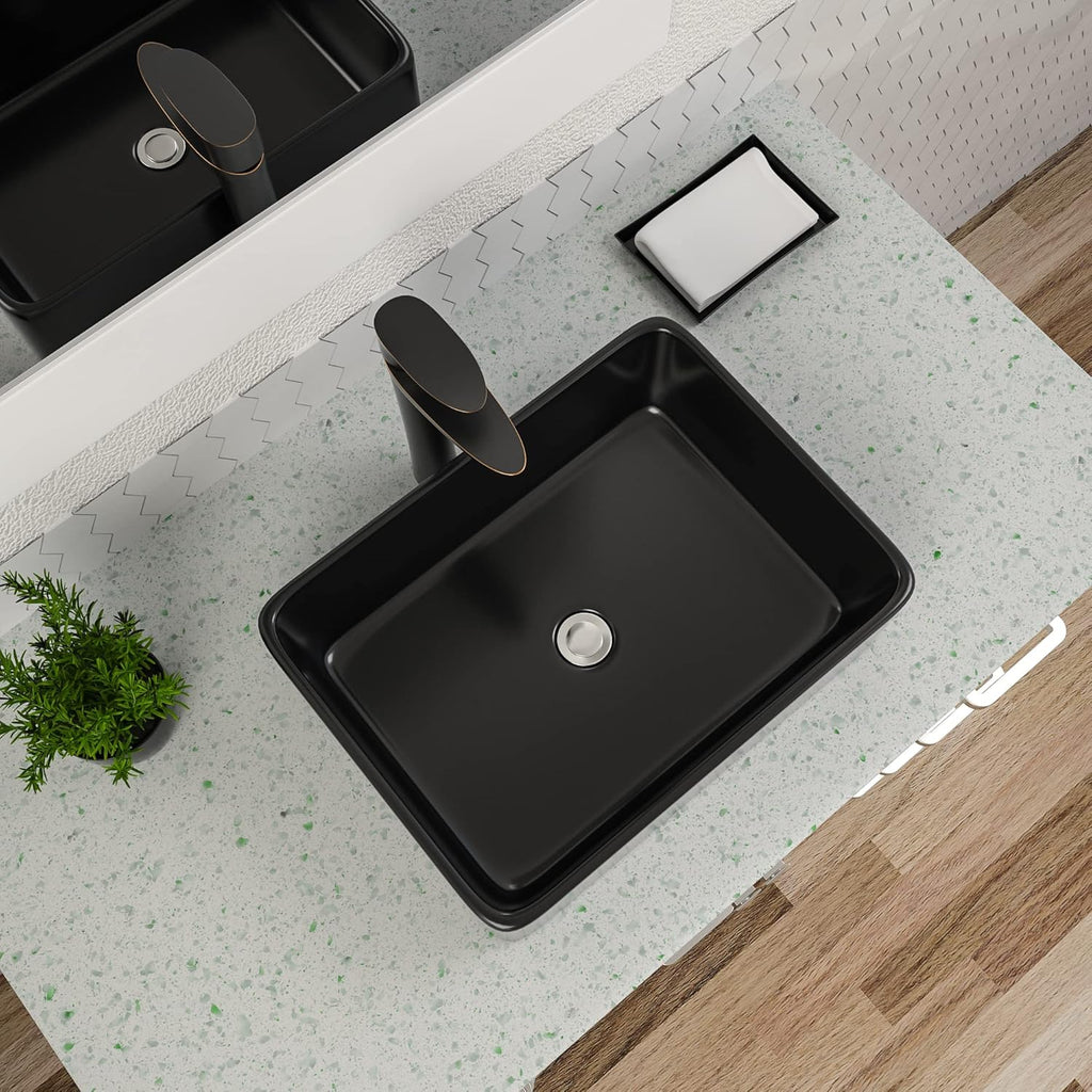 Black Vessel Sink Rectangle, Dcolora 19"x15" Matte Black Bathroom Vessel Sink Rectangular Above Counter Ceramic