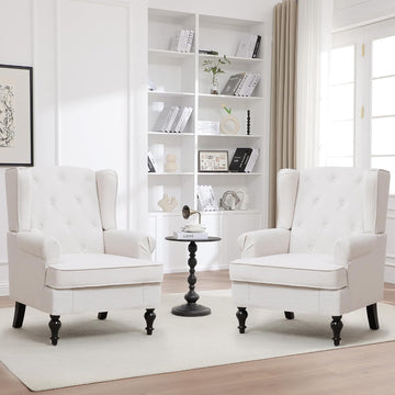 Accent Chair Set of 2, Mid Century Modern Fabric Wingback Chair, Upholstered Armchair with High Back and Vintage