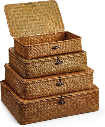 Set of 4 Seagrass Basket with Lid Wicker Storage Basket Decorative Storage Boxes with Lids Flat Storage Bins Woven