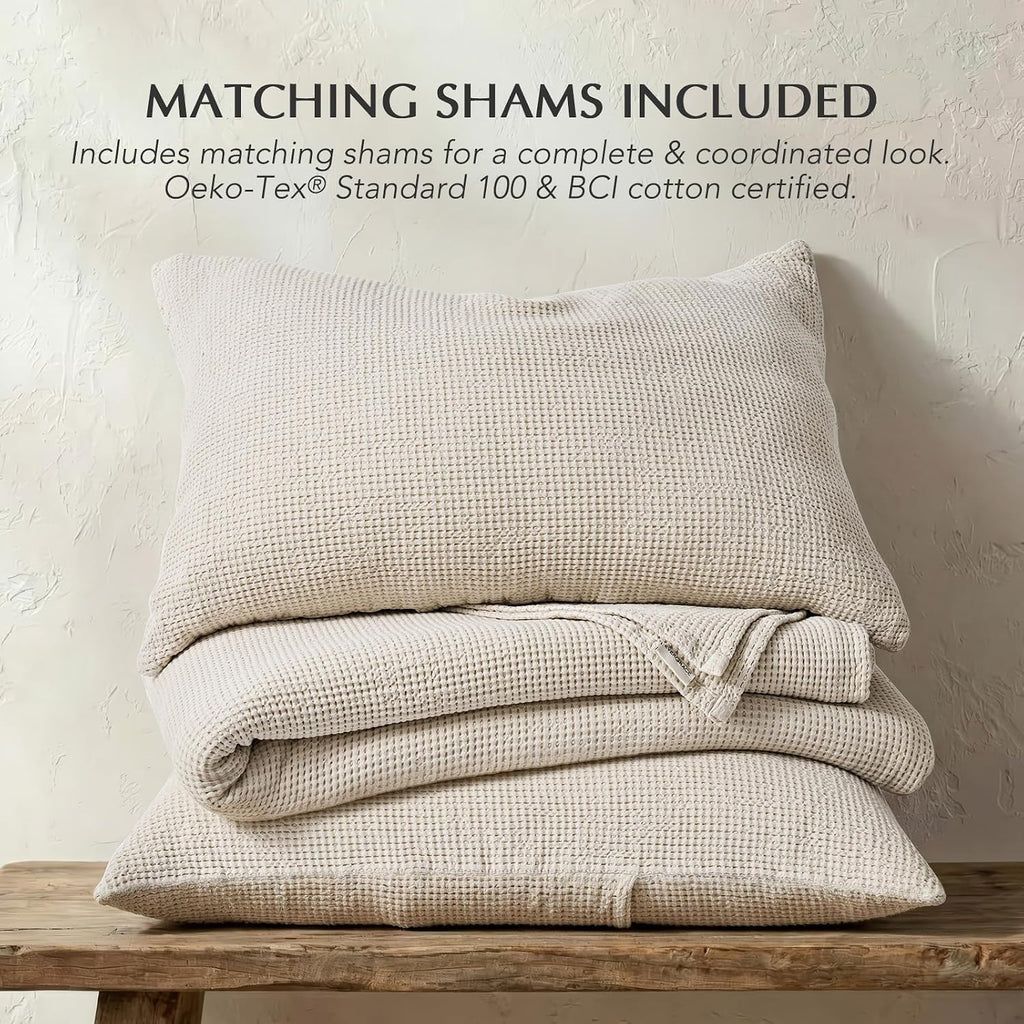 100% Cotton Waffle Bed Blanket King, Soft Premium Cotton Coverlet Set with 2 Matching Shams, Lightweight All Season