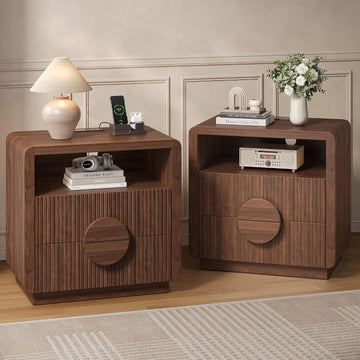 23" Wide Fluted Nightstands Set of 2, Mid Century Bedside Tables with Charging Station, Wood End Table with 2 Drawers