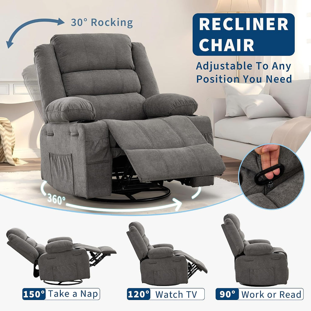 Rocking Recliner Chair for Adults Wide 360° Swivel Rocker Recliner | with Cup Holder Nursery Glider with Upholstered