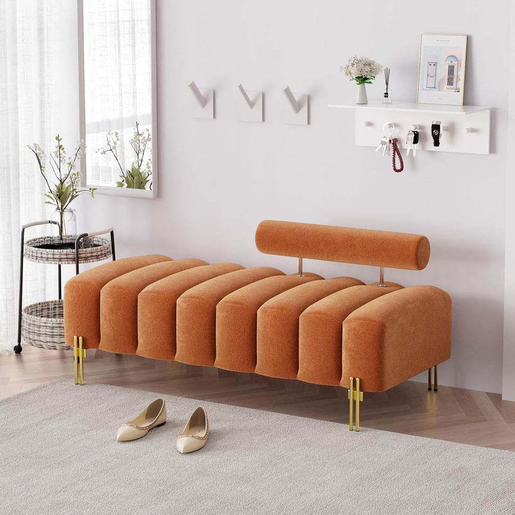 52.2" Velvet Upholstered Bench Ottoman with Adjustable Backrest, Orange | Modern Channel Tufted End of Bed Bench with