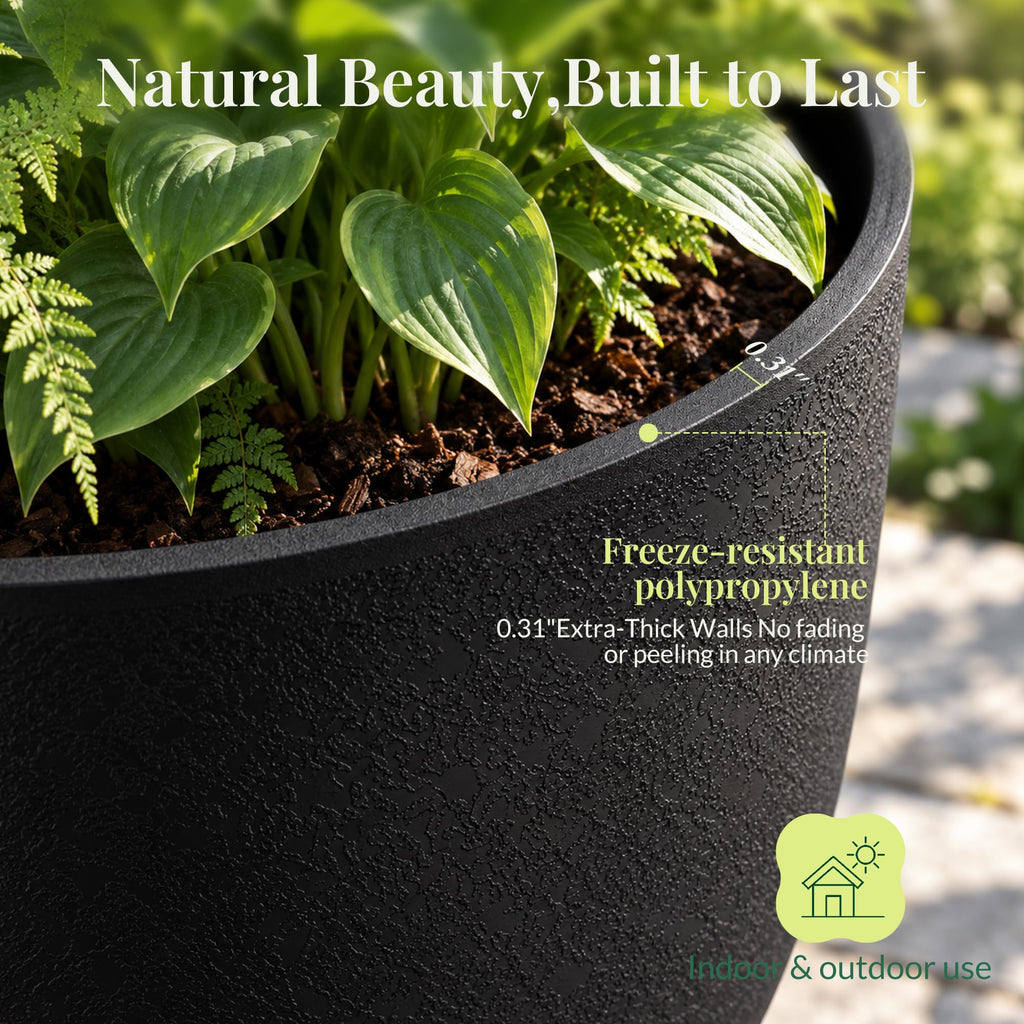 15 Inch Tall Planters, Black Plastic Urn Planters, 2 Pack
