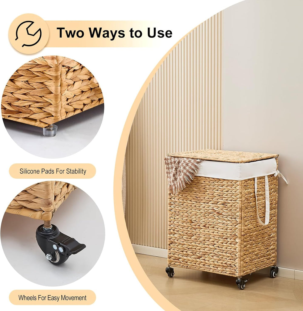 2-Section Laundry Hamper with Lid, Large Capacity Woven Natural Water Hyacinth Laundry Sorter with Removable Liners