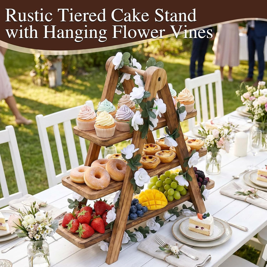 Brown Wood 3 Tier Foldable Serving Tray for Cupcake Dessert Stand,Rectangular Farmhouse Stand Charcuterie Board