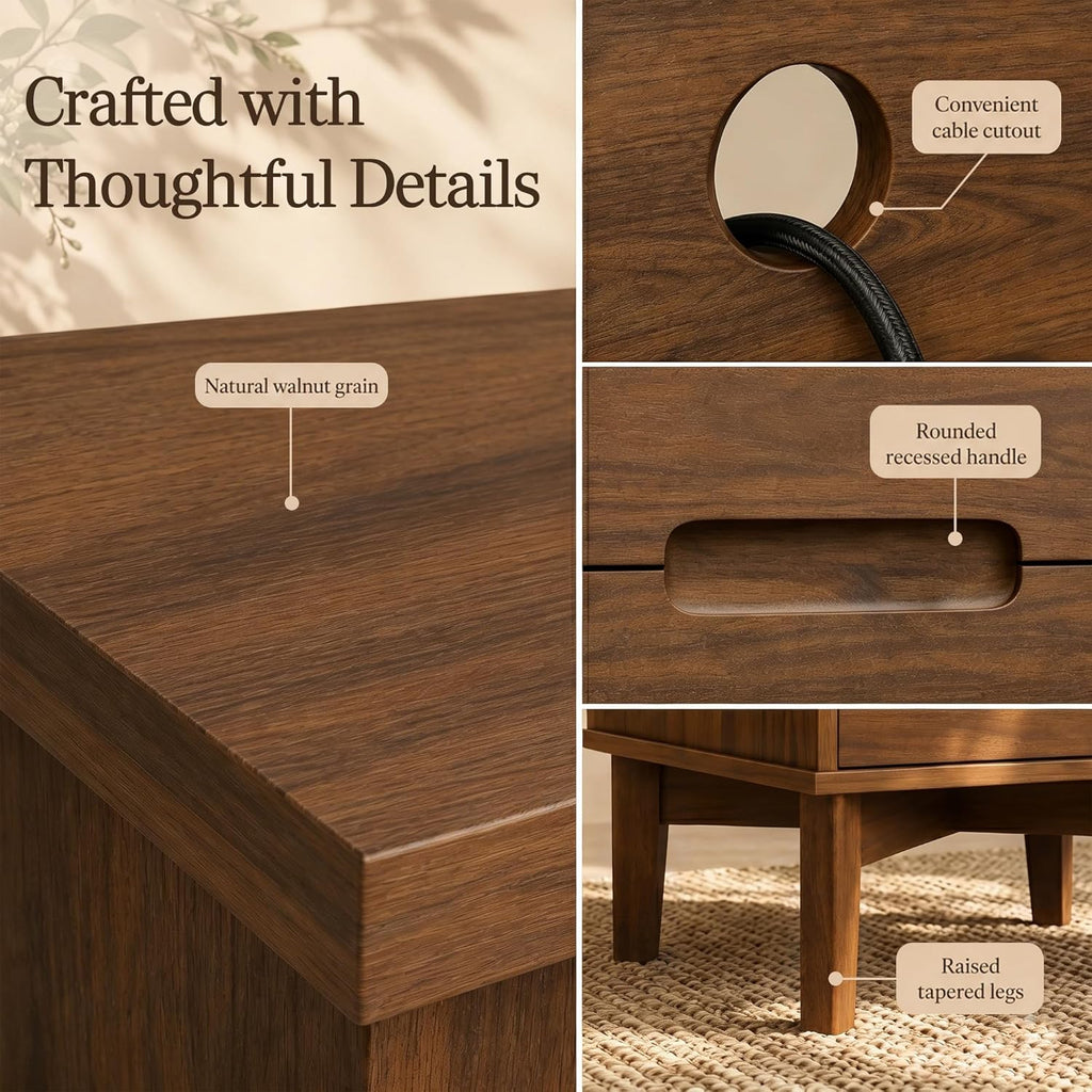 26-Inch Tall Mid Century Modern Set of 2 Nightstands, Dark Walnut | Dual charging stations, 2 drawers per table