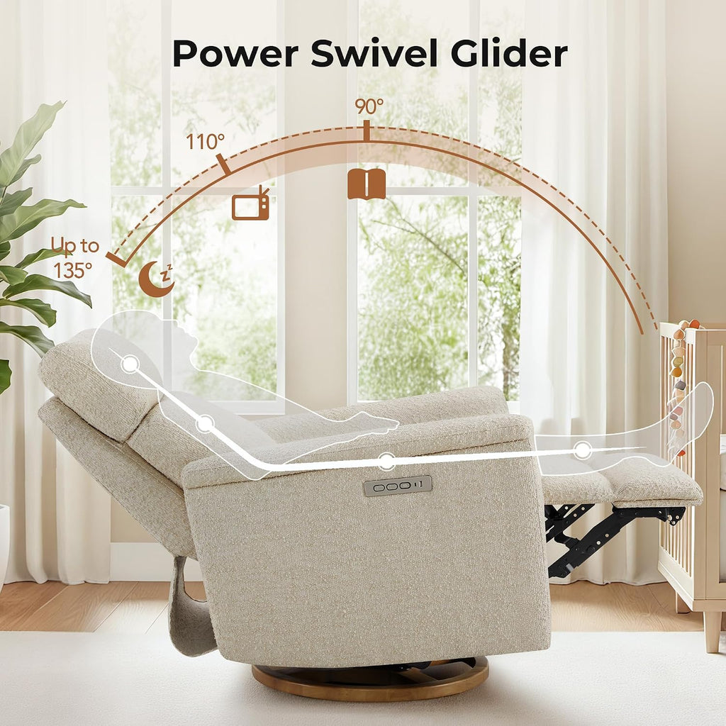 Power Recliner Chair with Nightlight, Nursery Glider, Boucle in Sand | Power Headrest, Water-Resistant Fabric
