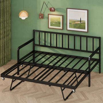 Twin Daybed with Pop Up Trundle, Metal Steel Slats, Black