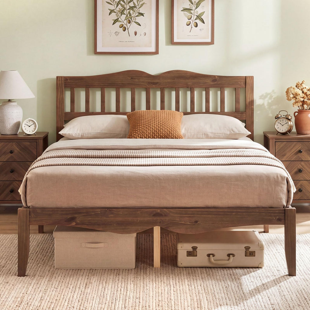 Full Size Wooden Bed Frame with Slatted Headboard, Walnut