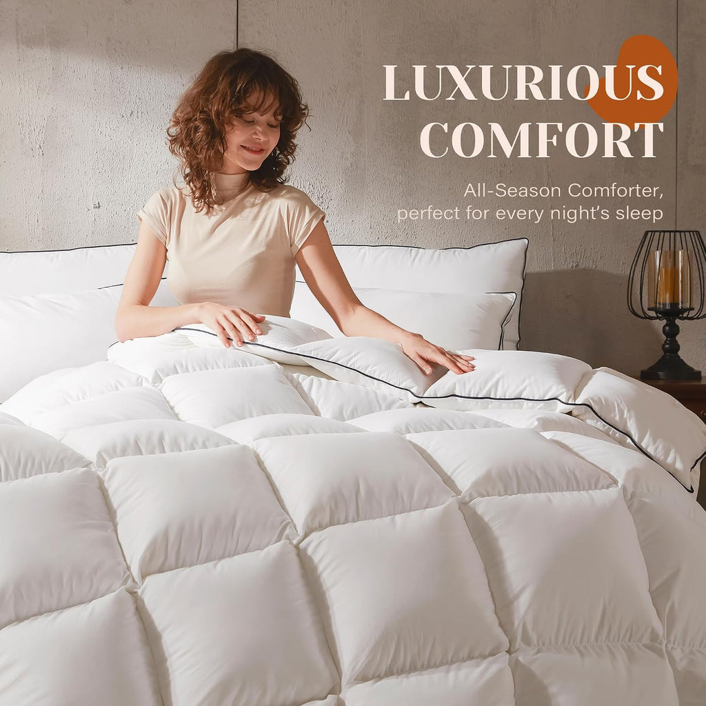 Goose Feather Down Fiber Cotton Comforter Queen, Ultra-Soft Duvet Insert, Hotel Collection White Quilted Comforter