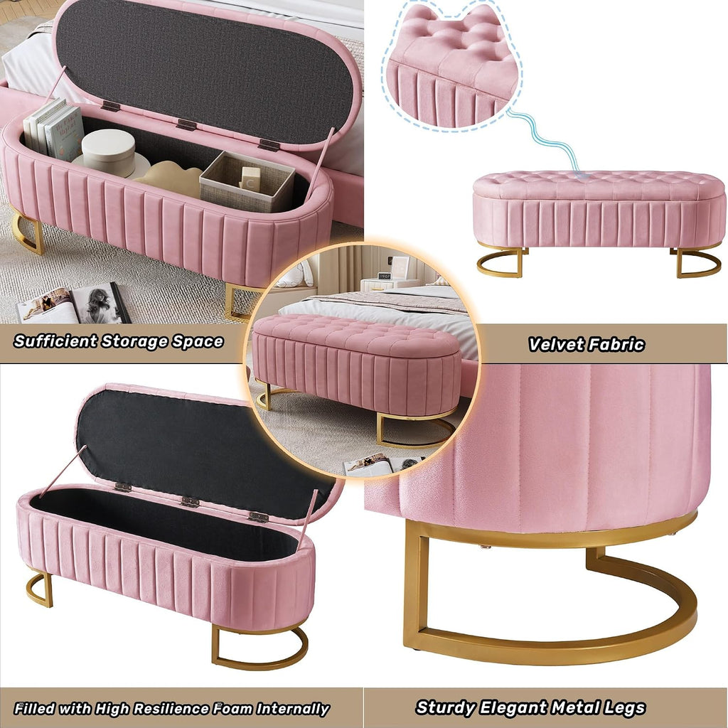 Elegant Upholstered Velvet Storage Ottoman with Button-Tufted, Storage Bench with Metal Legs , Fully Assembled Except