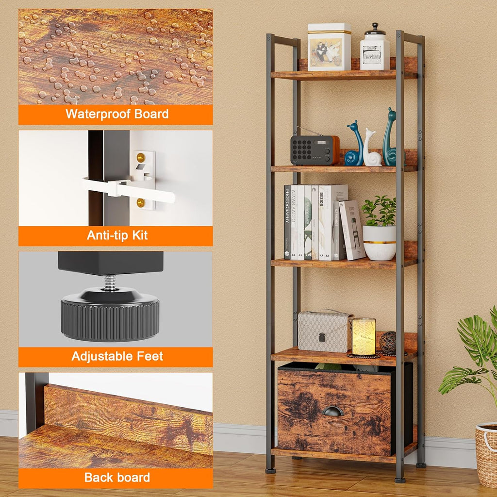 5 Tier Bookshelf with Drawer, Tall Narrow Bookcase with Shelves, Wood and Metal Bookshelves Storage Organizer
