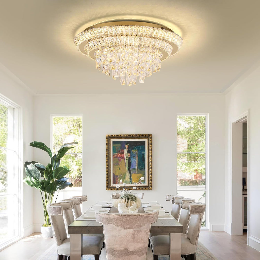 24 inch Flush Mount Crystal Chandelierse with Remote and APP Gold, Modern Elegant LED Crystal Raindrop Ceiling Light