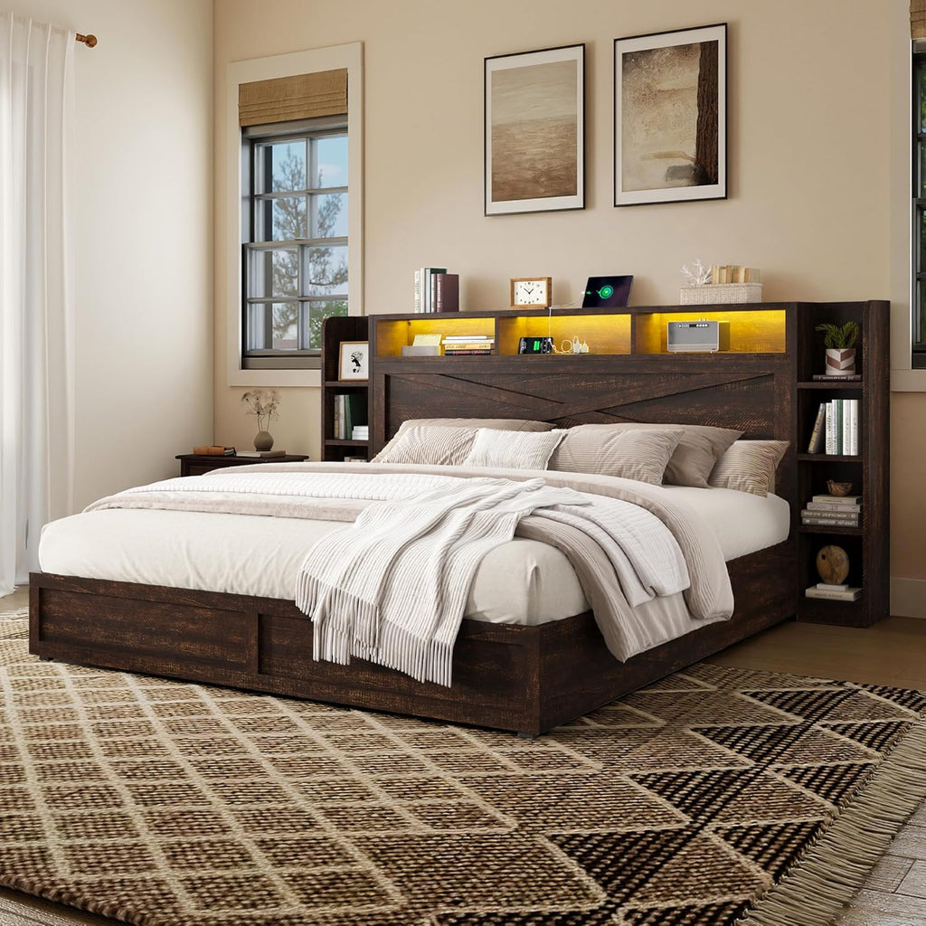 45'' Farmhouse Queen Bed Frame with 4 Drawers, LED Bed Frame with Bookcase Headboard & Side Shelves, Wood Platform