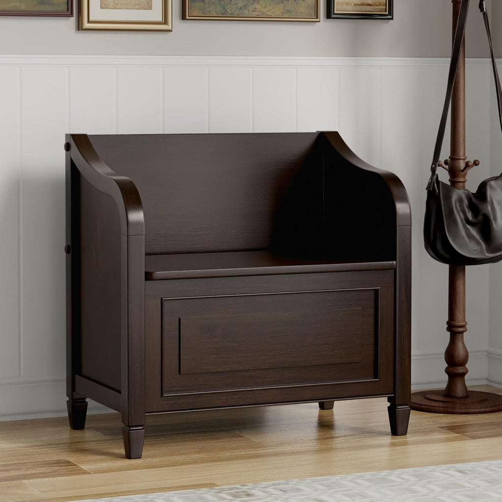 Connaught 51" Wide Solid Wood Trunk Bench in Black | Traditional entryway bench with lift-up lid and hidden storage