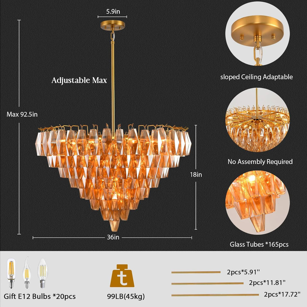 Gold Round Chandelier, 36" Large Brass Chandeliers for Dining Room, 20-Light with Clear Amber Glass Tiered Chandelier for Living Room, Modern Chandeliers for Bedroom, Kitchen Island, Entryway
