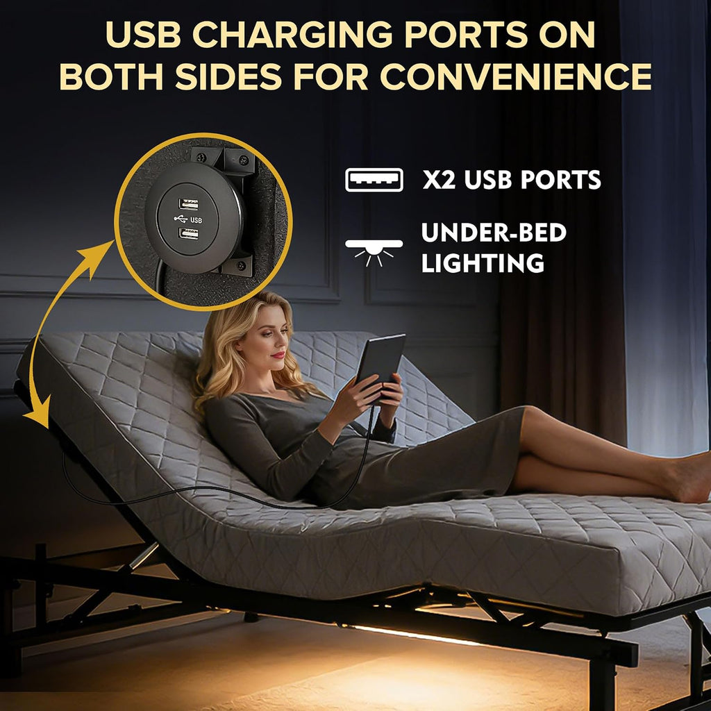 King Adjustable Bed Frame with Remote/Zero Gravity/Head & Foot Incline/USB Ports/Under-Bed Nightlight/Quiet Motor