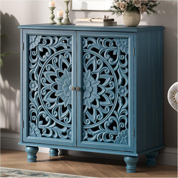 31" Accent Storage Cabinet with Carved Doors,Mandala Blue | Carved Floral Design, Solid Wood Legs, Versatile Storage