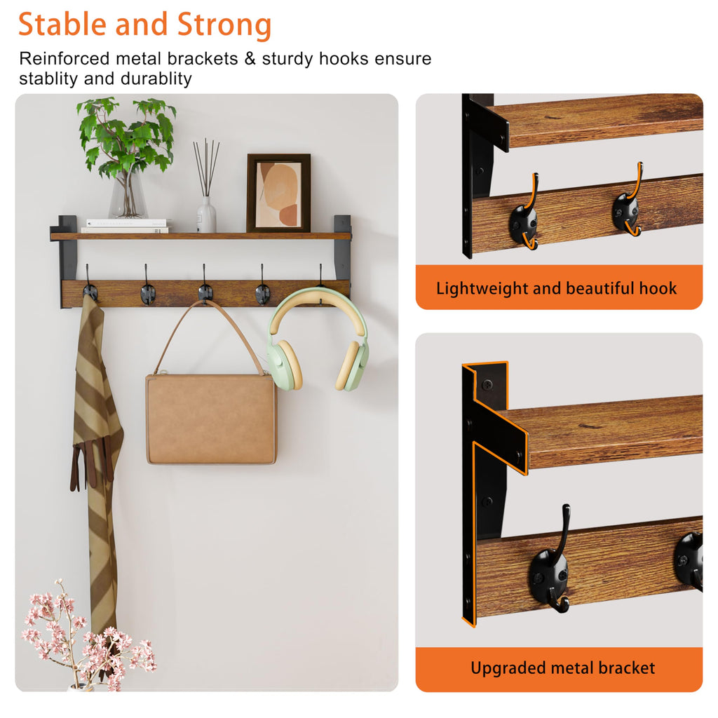 Coat Rack with Wall Mount, 23 Inch Long Entryway Wall Shelf with Hooks, Wood Hanger with Storage Shelf, Rustic Brown