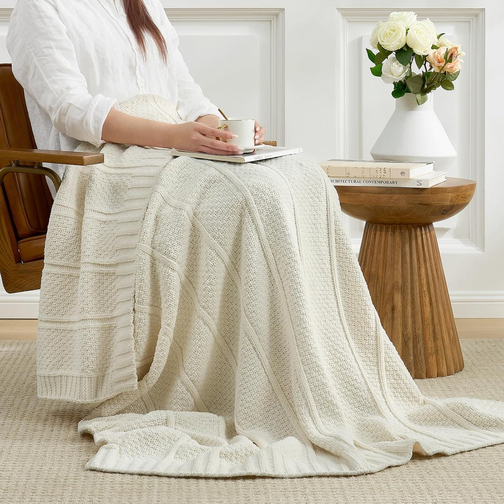 Premium Chenille Throw Blanket, Soft Cozy Moss Stitch Knit Blanket, Chair, Home Decor, Cream White 50"x60"
