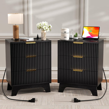 Black Fluted Nightstand Set of 2 with Charging Station, 3 Drawer Small Bedside Table, Faux Marble Top, 2 AC & Dual